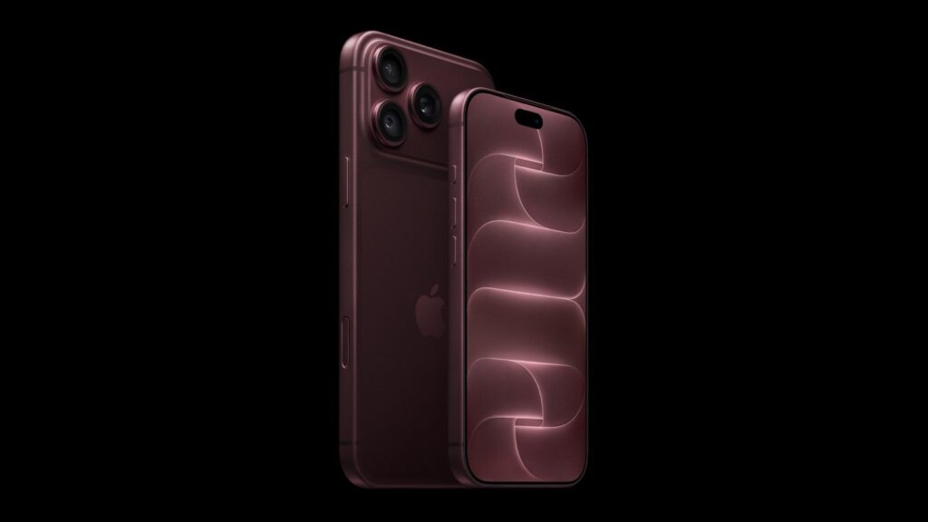 iPhone 18 Pro Max mặt sau và iPhone 18 Pro mặt trước màu đỏ rượu vang (Ảnh: Apple)