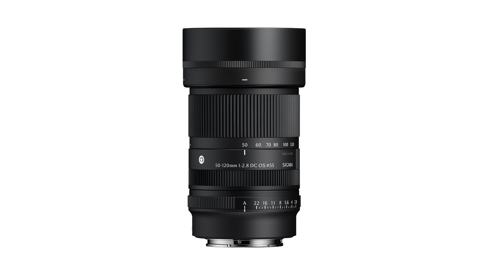 Sigma 50-120mm F2.8 DC OS | Contemporary bản ngàm Sony E, gắn loa che nắng, vòng khẩu ghi A, 22 tới 2.8 nằm sát ngàm. Ảnh: Sigma.
